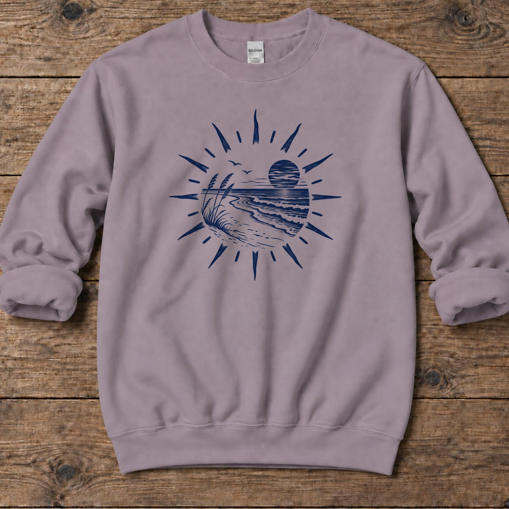 Coastal Sunset Sunburst Midweight Sweatshirt in Paragon, Salty Paws Midweight Sweatshirt, front design flat lay