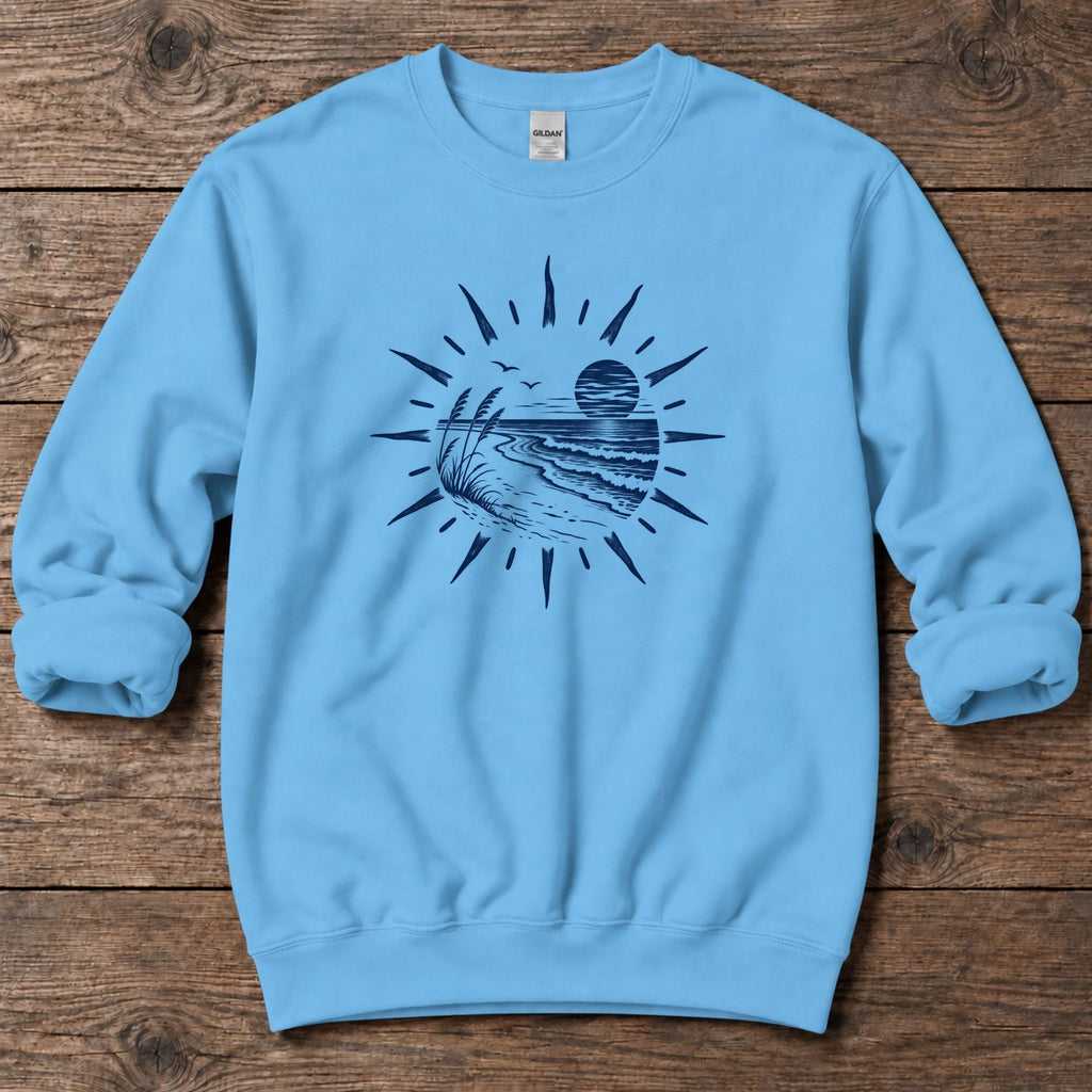Coastal Sunset Sunburst Midweight Sweatshirt in Sky, Salty Paws Midweight Sweatshirt, front design flat lay