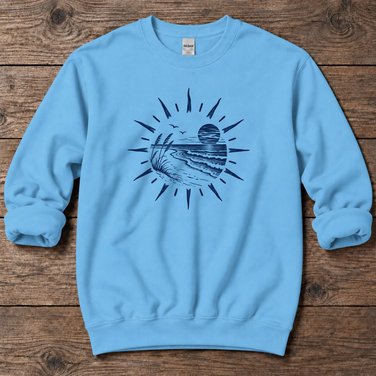 Coastal Sunset Sunburst Midweight Sweatshirt in Sky, Salty Paws Midweight Sweatshirt, front design flat lay