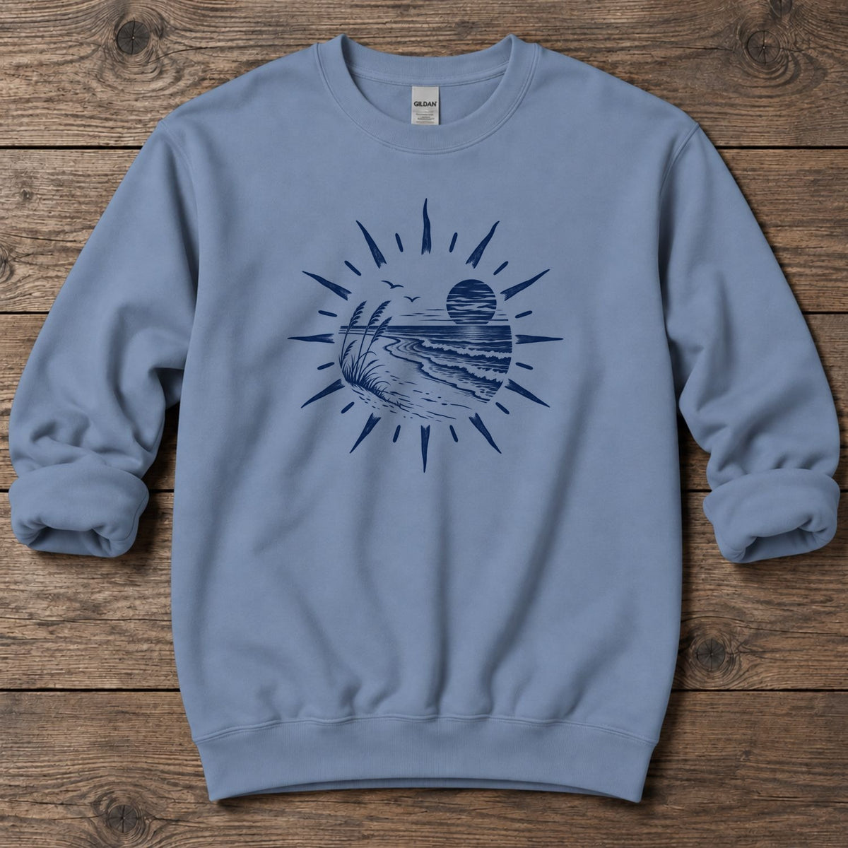 Coastal Sunset Sunburst Midweight Sweatshirt in Stone Blue, Salty Paws Midweight Sweatshirt, front design flat lay