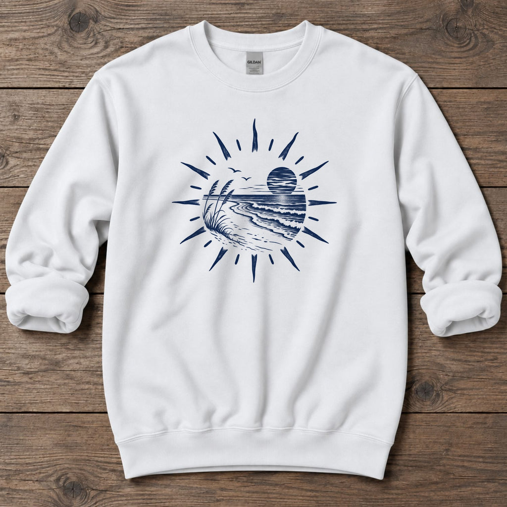 Coastal Sunset Sunburst Midweight Sweatshirt in White, Salty Paws Midweight Sweatshirt, front design flat lay