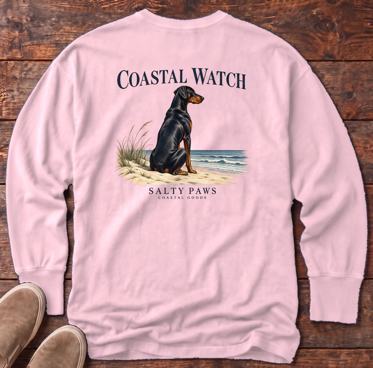 Coastal Watch Doberman Salty Paws Coastal Goods Back Design Long Sleeve Tee in Blossom, Salty Paws Comfort Colors Long Sleeve Tee, back design flat lay