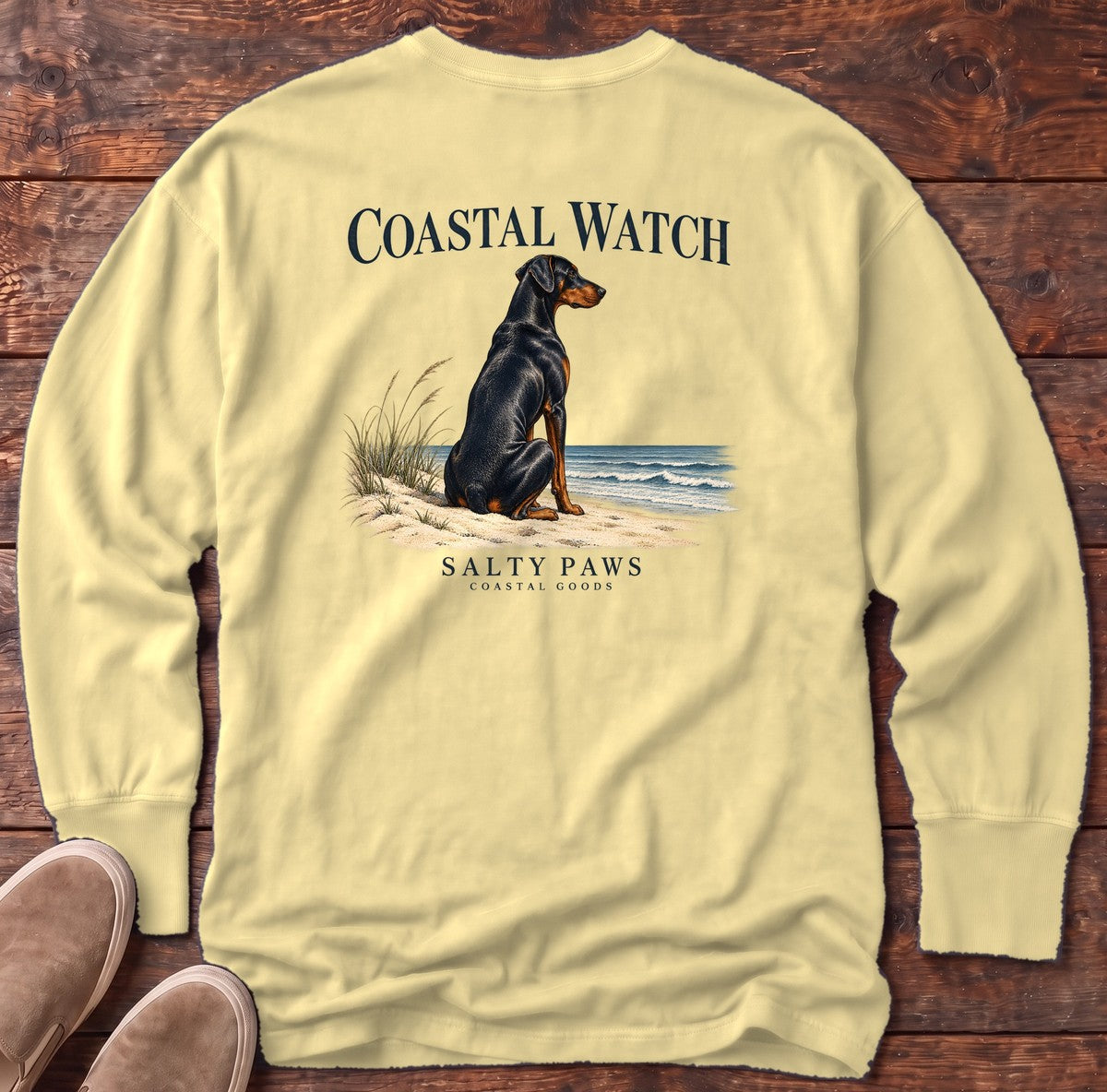 Coastal Watch Doberman Salty Paws Coastal Goods Back Design Long Sleeve Tee in Butter, Salty Paws Comfort Colors Long Sleeve Tee, back design flat lay
