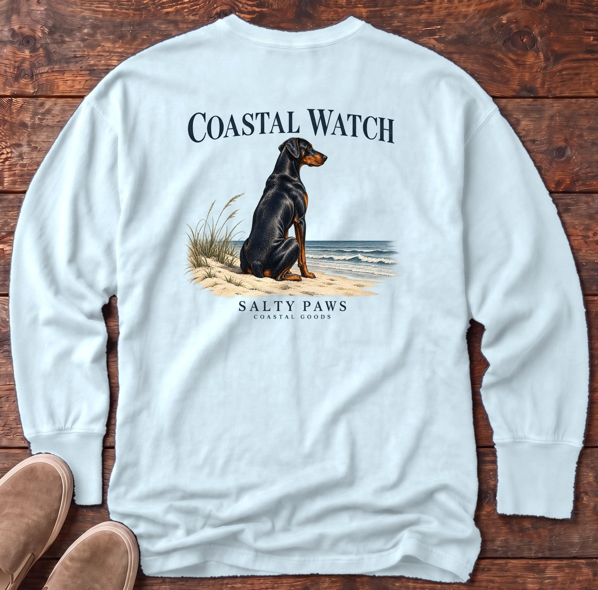 Coastal Watch Doberman Salty Paws Coastal Goods Back Design Long Sleeve Tee in Chambray, Salty Paws Comfort Colors Long Sleeve Tee, back design flat lay