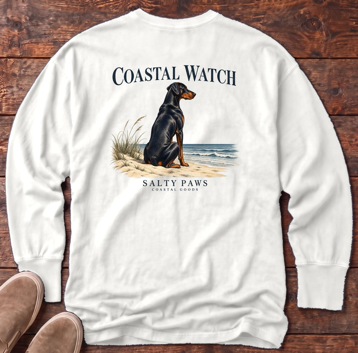 Coastal Watch Doberman Salty Paws Coastal Goods Back Design Long Sleeve Tee in White, Salty Paws Comfort Colors Long Sleeve Tee, back design flat lay