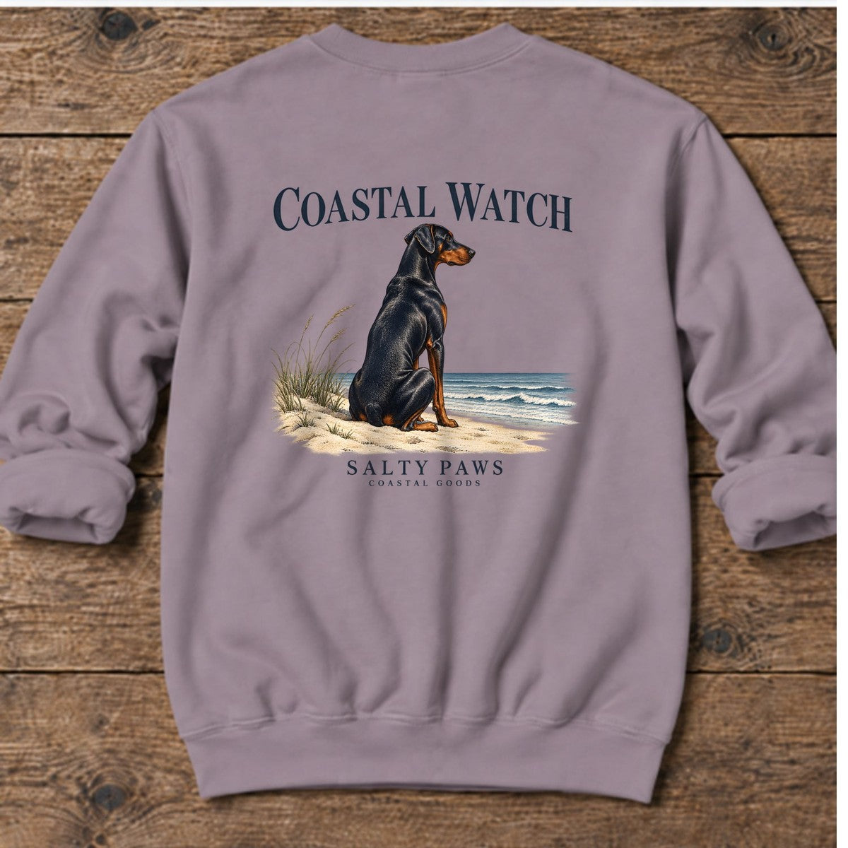 Coastal Watch Doberman Salty Paws Coastal Goods Back Design Midweight Sweatshirt in Paragon, Salty Paws Midweight Sweatshirt, back design flat lay