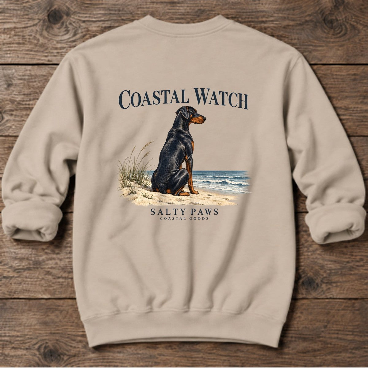 Coastal Watch Doberman Salty Paws Coastal Goods Back Design Midweight Sweatshirt in Sand, Salty Paws Midweight Sweatshirt, back design flat lay