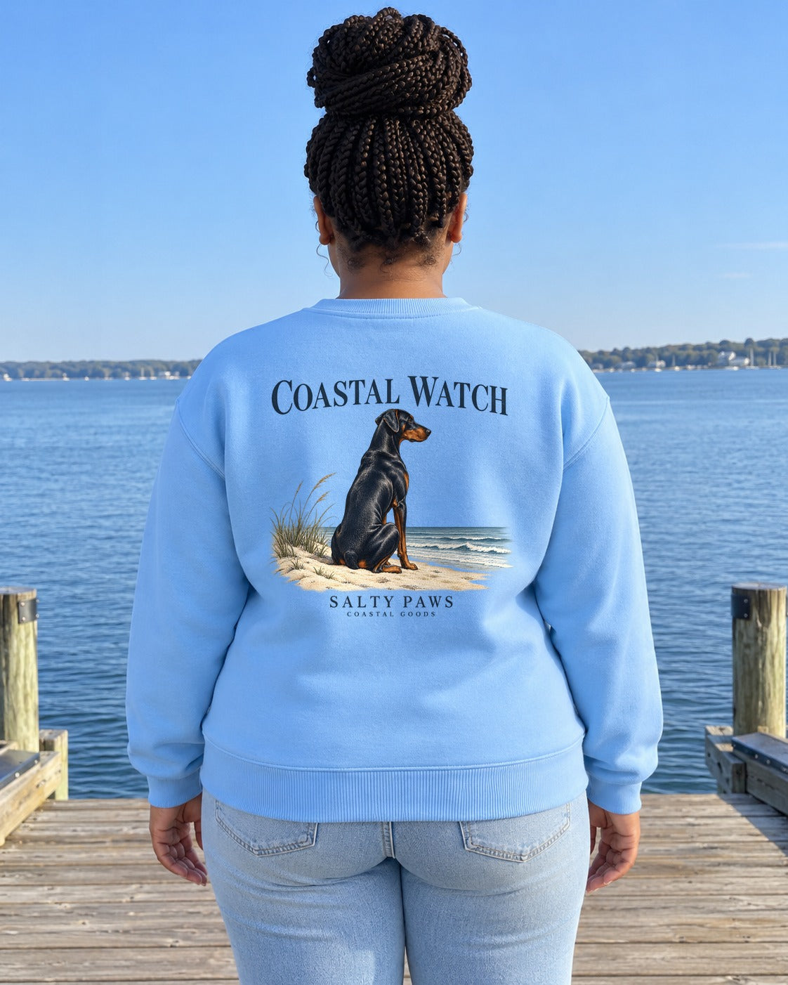 Coastal Watch Doberman Salty Paws Coastal Goods Back Design Midweight Sweatshirt in Sky, worn by a model, Salty Paws back design
