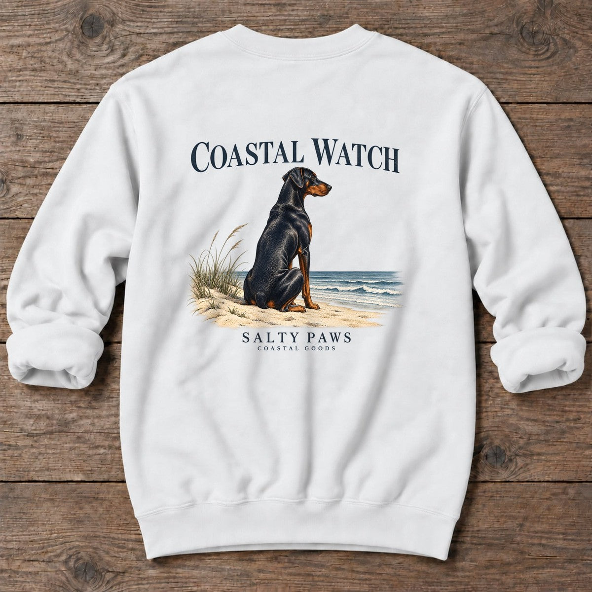 Coastal Watch Doberman Salty Paws Coastal Goods Back Design Midweight Sweatshirt in White, Salty Paws Midweight Sweatshirt, back design flat lay