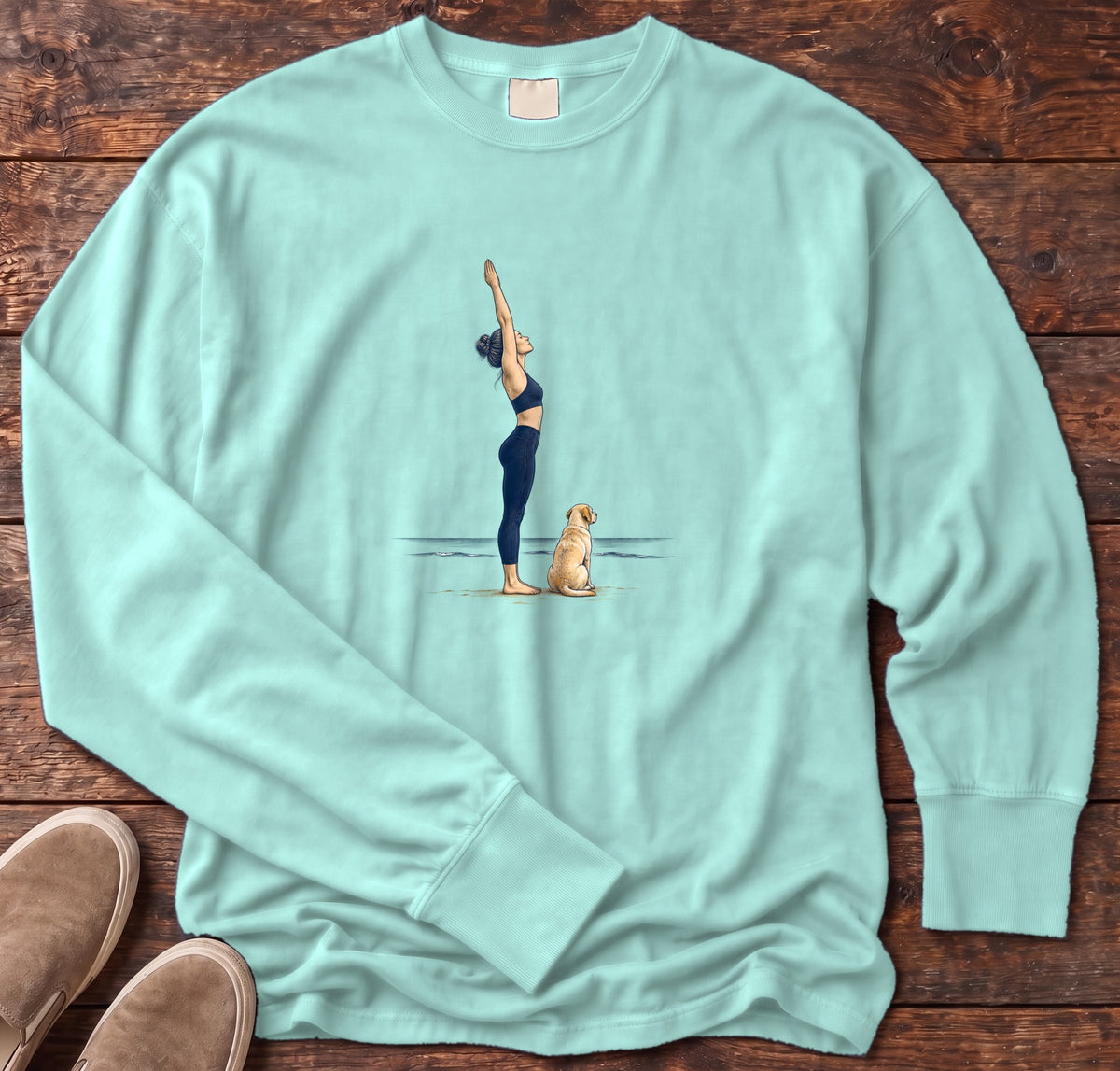 Coastal Yoga and Labrador Long Sleeve Tee in Chalky Mint, Salty Paws Comfort Colors Long Sleeve Tee, front design flat lay
