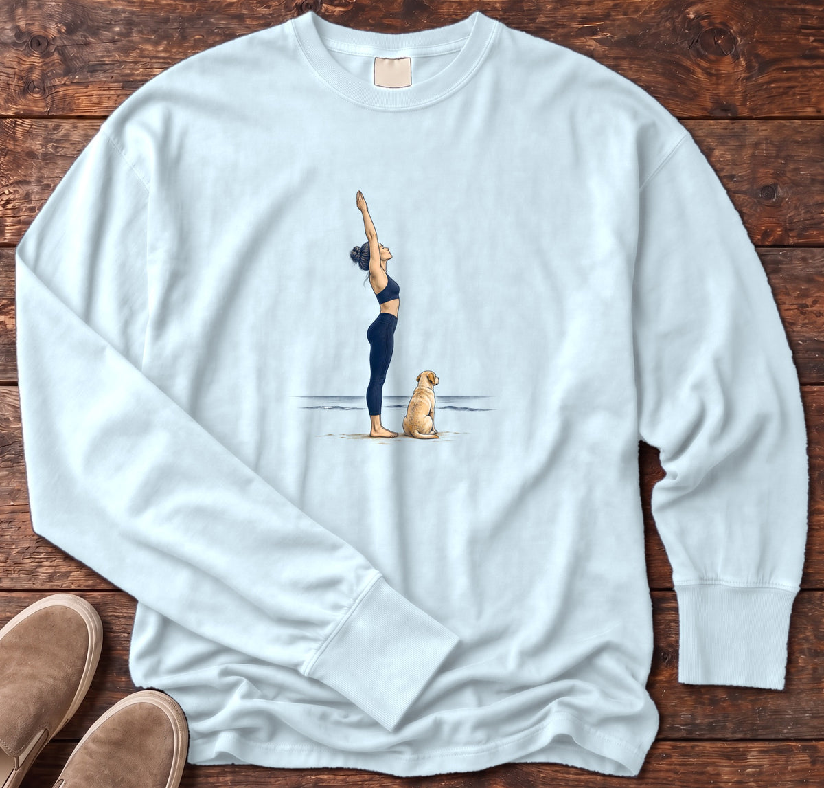 Coastal Yoga and Labrador Long Sleeve Tee in Chambray, Salty Paws Comfort Colors Long Sleeve Tee, front design flat lay
