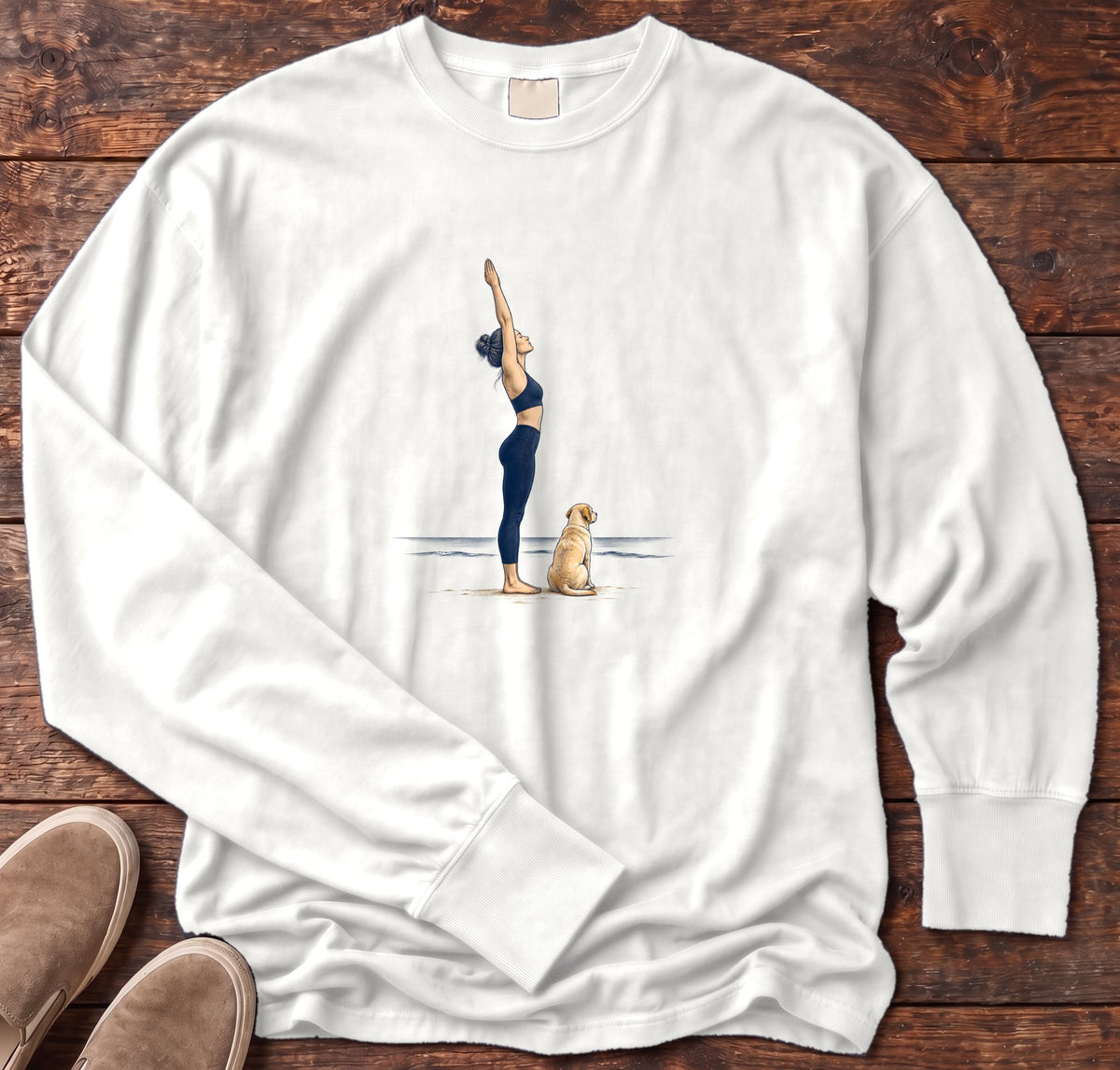 Coastal Yoga and Labrador Long Sleeve Tee in White, Salty Paws Comfort Colors Long Sleeve Tee, front design flat lay