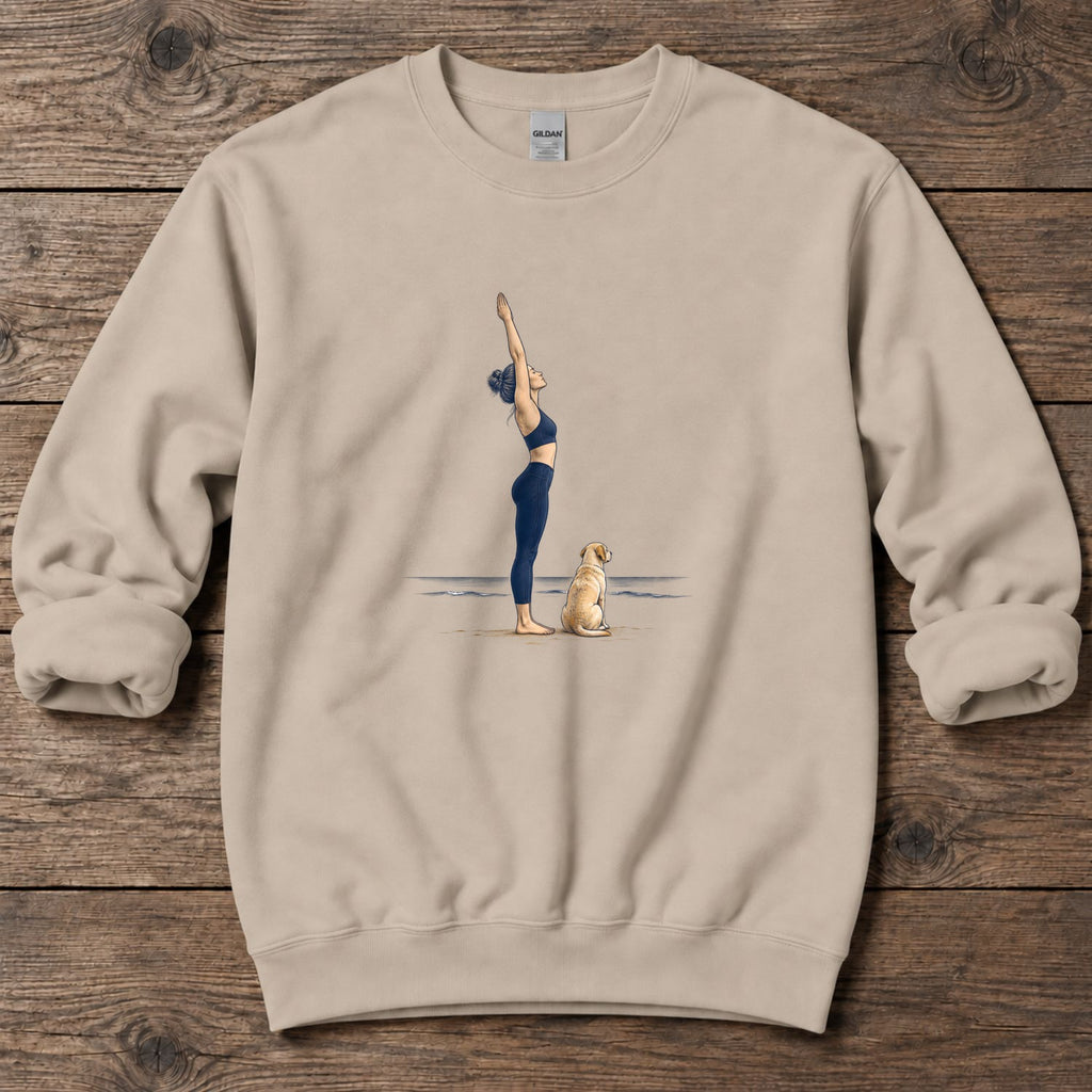 Coastal Yoga and Labrador Midweight Sweatshirt in Sand, Salty Paws Midweight Sweatshirt, front design flat lay