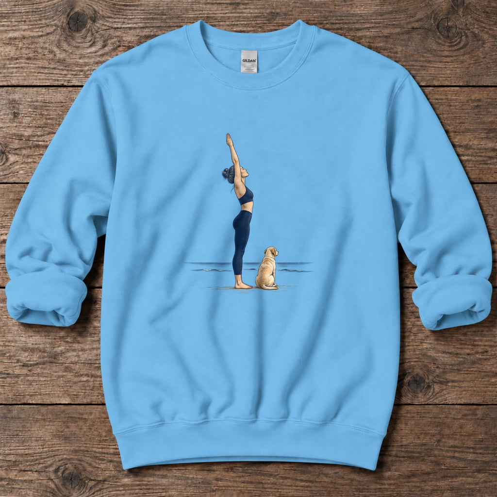 Coastal Yoga and Labrador Midweight Sweatshirt in Sky, Salty Paws Midweight Sweatshirt, front design flat lay