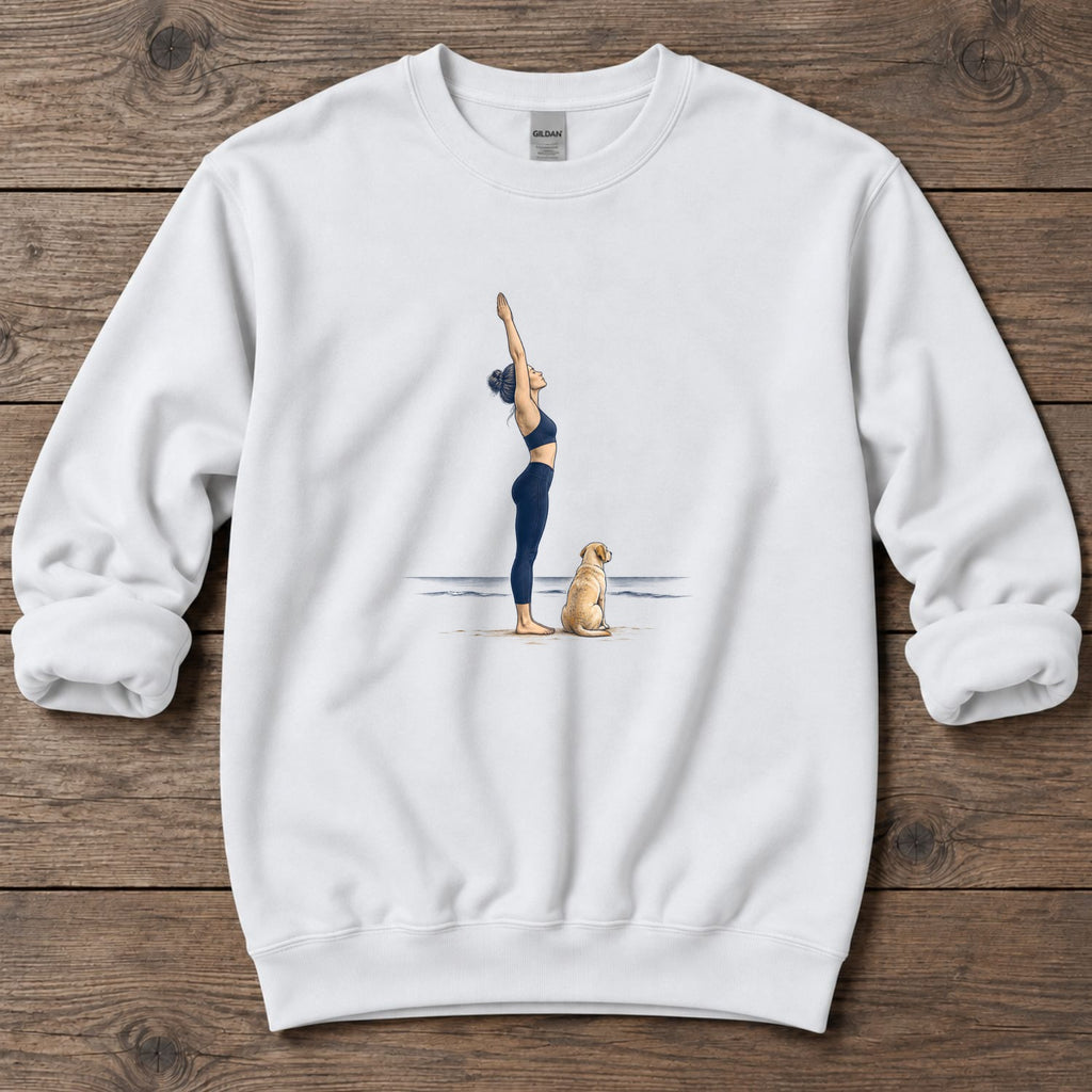 Coastal Yoga and Labrador Midweight Sweatshirt in White, Salty Paws Midweight Sweatshirt, front design flat lay