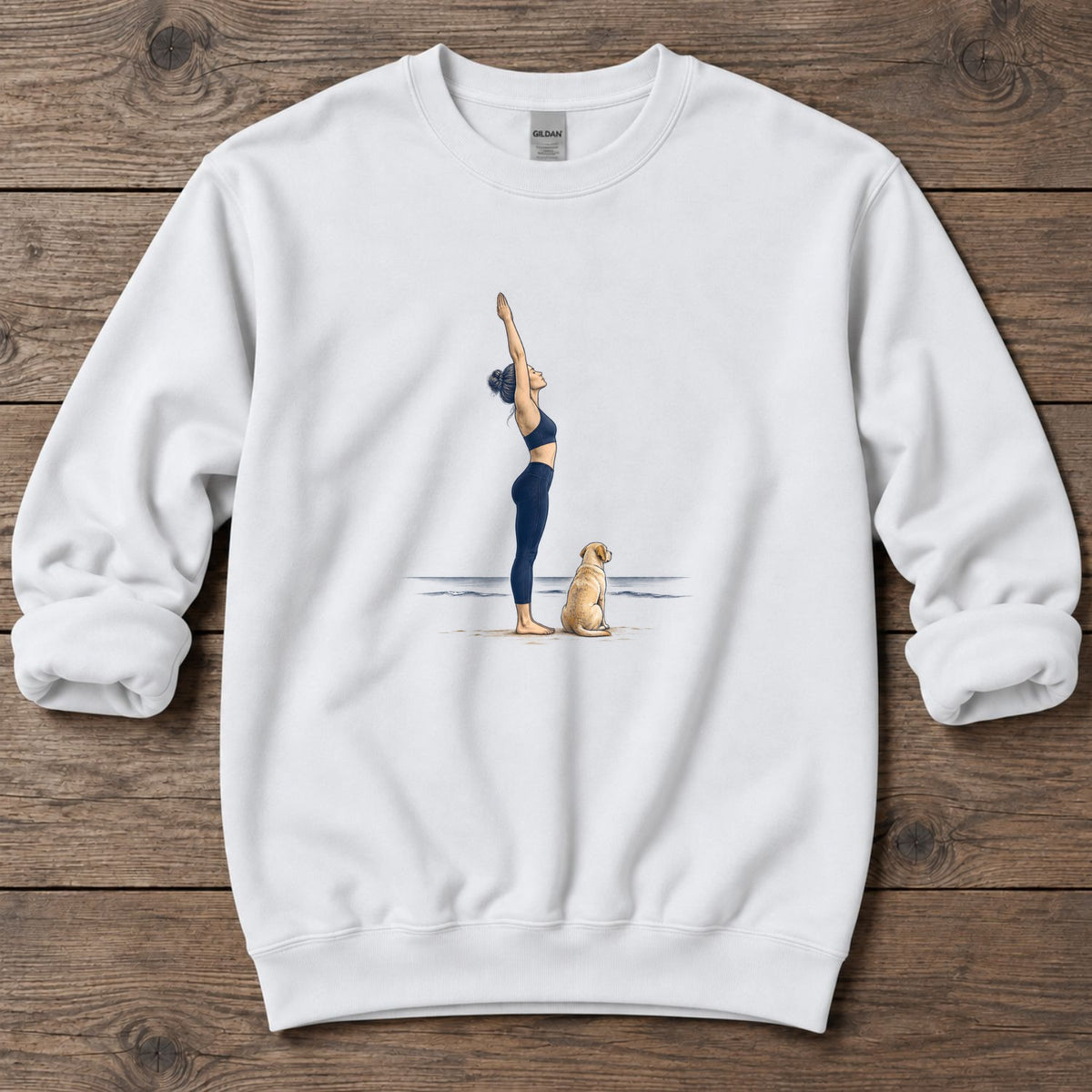 Coastal Yoga and Labrador Midweight Sweatshirt in White, Salty Paws Midweight Sweatshirt, front design flat lay