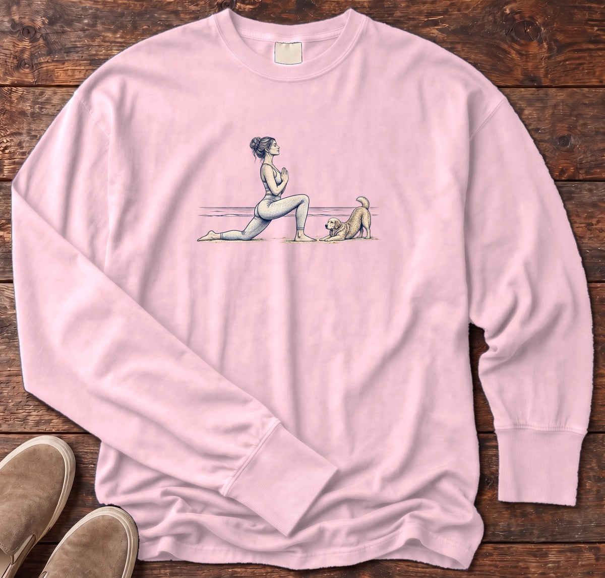Coastal Yoga with Playful Retriever Long Sleeve Tee in Blossom, Salty Paws Comfort Colors Long Sleeve Tee, front design flat lay
