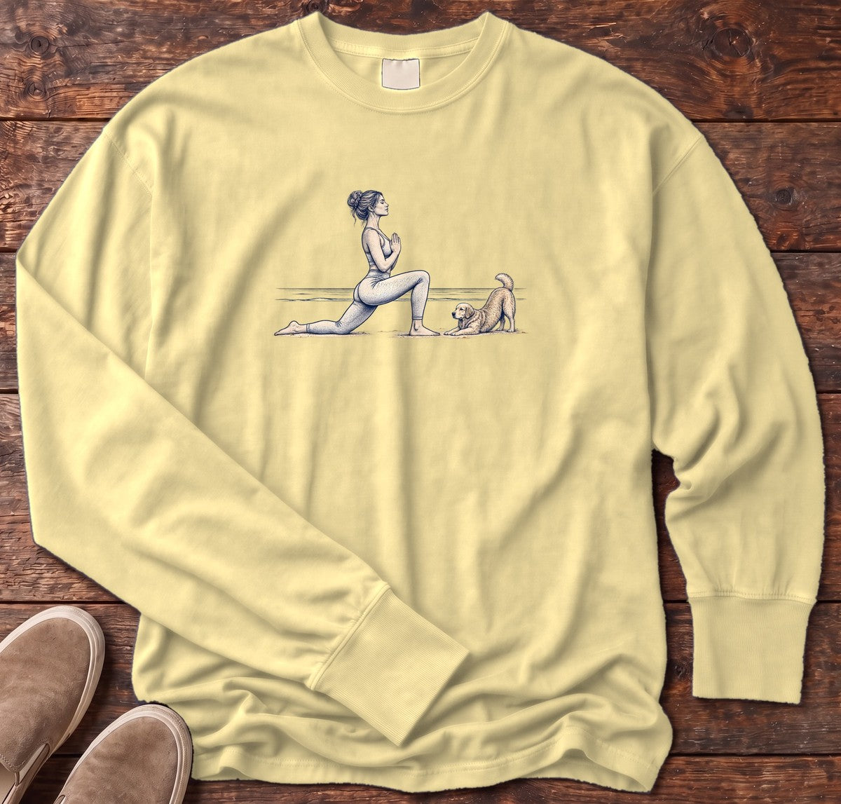 Coastal Yoga with Playful Retriever Long Sleeve Tee in Butter, Salty Paws Comfort Colors Long Sleeve Tee, front design flat lay