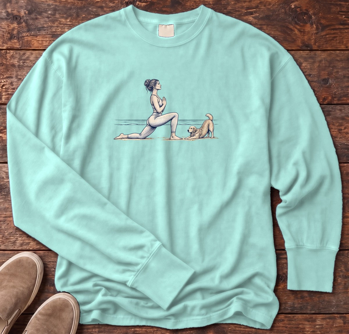 Coastal Yoga with Playful Retriever Long Sleeve Tee in Chalky Mint, Salty Paws Comfort Colors Long Sleeve Tee, front design flat lay