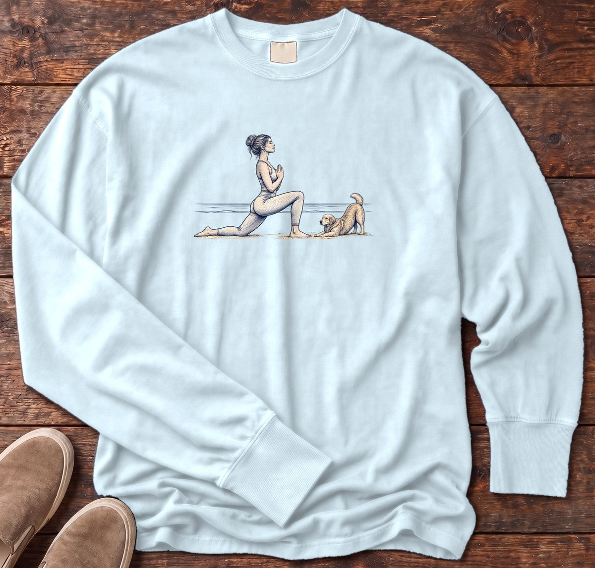 Coastal Yoga with Playful Retriever Long Sleeve Tee in Chambray, Salty Paws Comfort Colors Long Sleeve Tee, front design flat lay