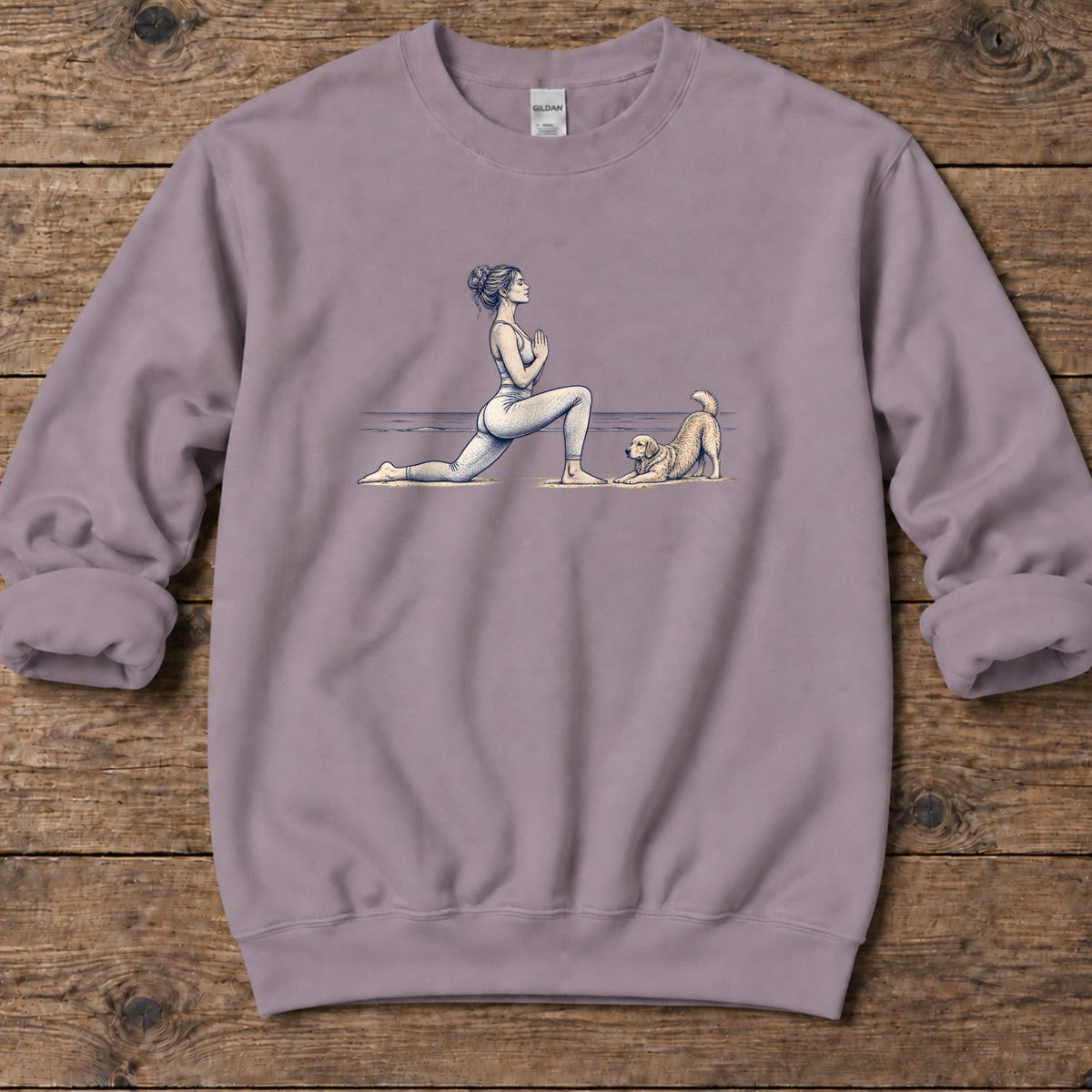 Coastal Yoga with Playful Retriever Midweight Sweatshirt in Paragon, Salty Paws Midweight Sweatshirt, front design flat lay