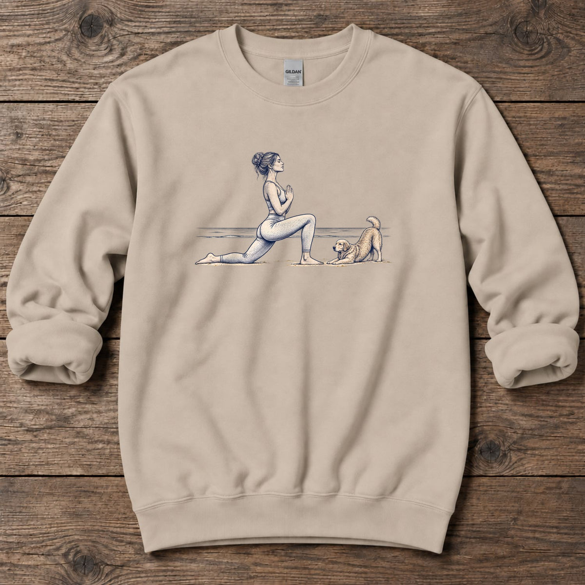 Coastal Yoga with Playful Retriever Midweight Sweatshirt in Sand, Salty Paws Midweight Sweatshirt, front design flat lay