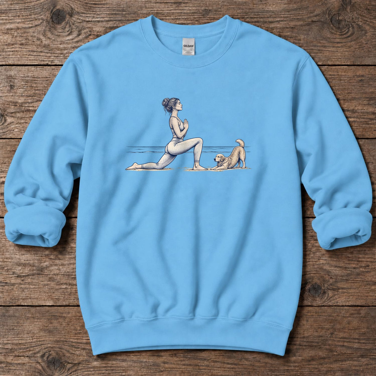 Coastal Yoga with Playful Retriever Midweight Sweatshirt in Sky, Salty Paws Midweight Sweatshirt, front design flat lay