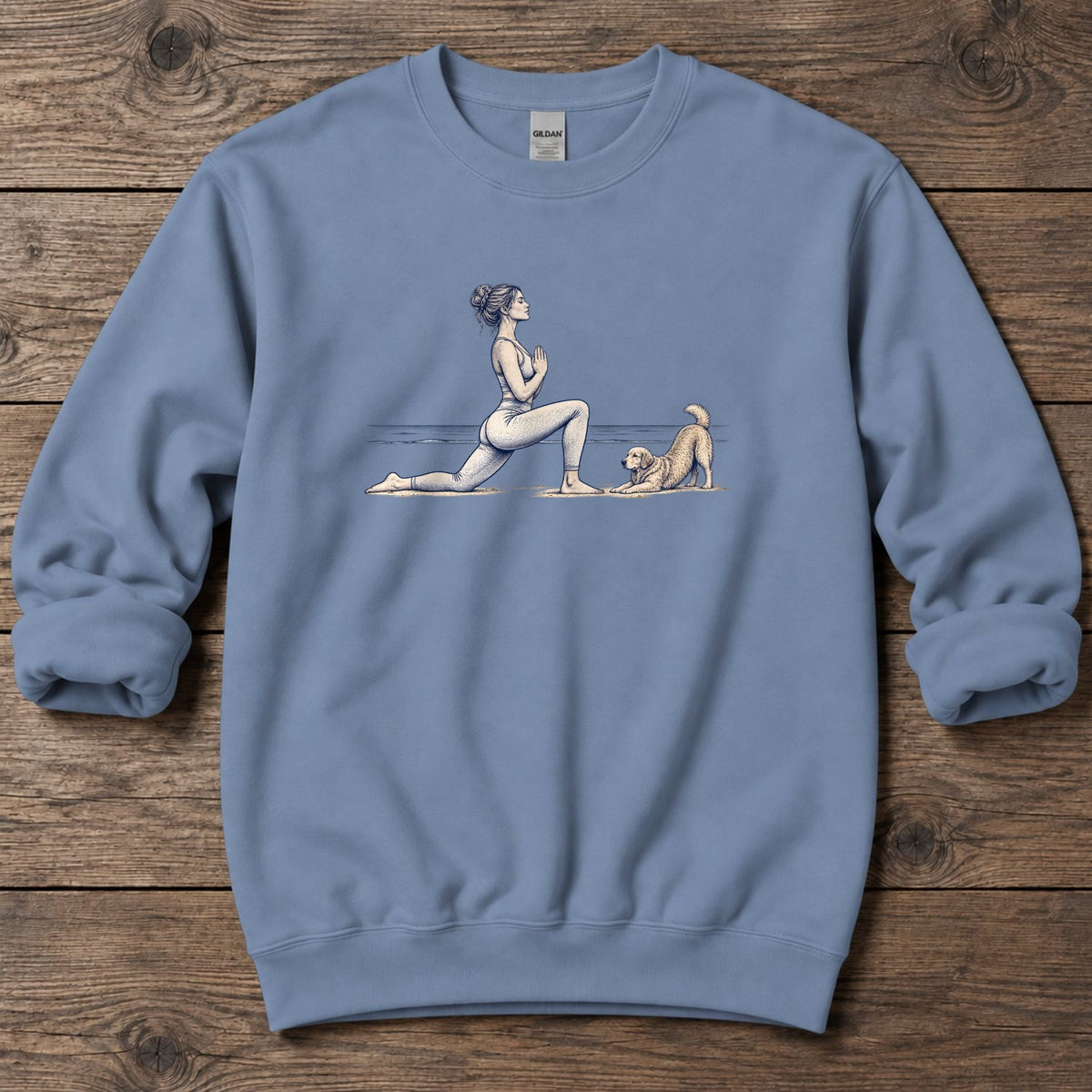Coastal Yoga with Playful Retriever Midweight Sweatshirt in Stone Blue, Salty Paws Midweight Sweatshirt, front design flat lay