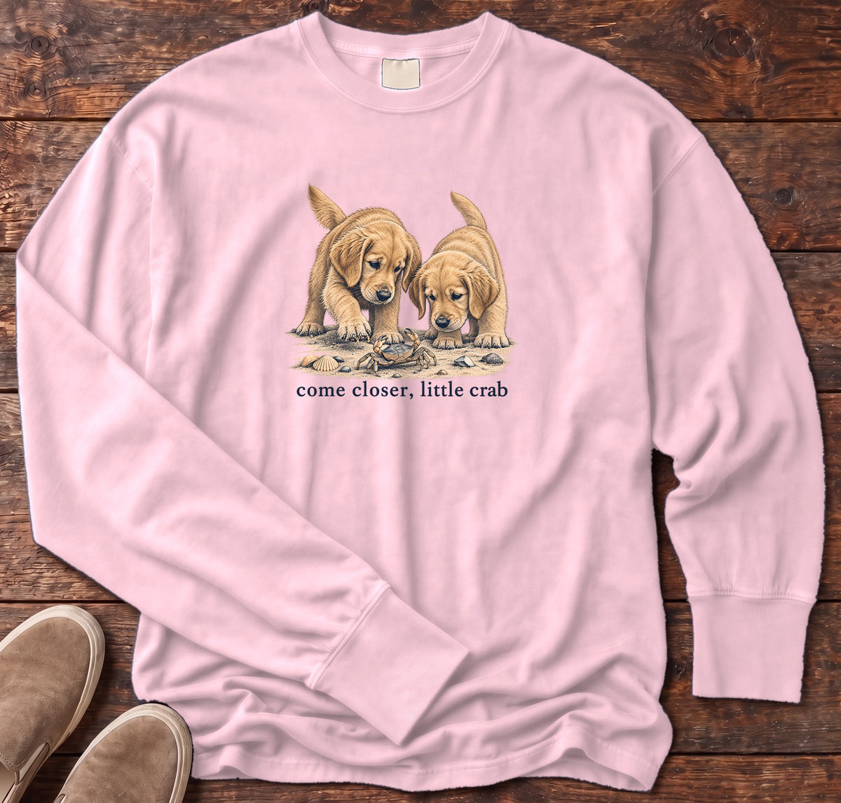 Come Closer Little Crab Golden Puppies Long Sleeve Tee in Blossom, Salty Paws Comfort Colors Long Sleeve Tee, front design flat lay