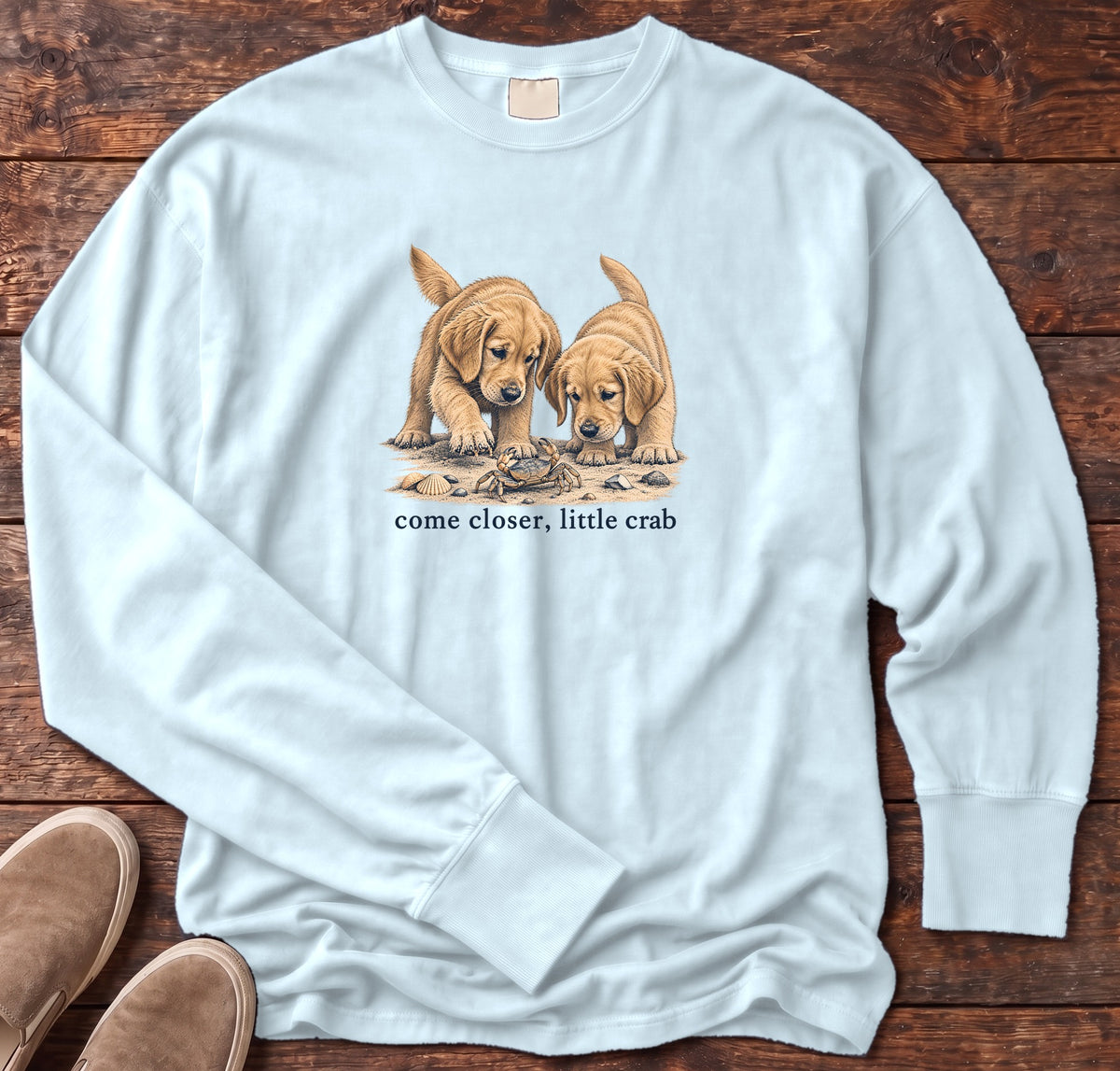 Come Closer Little Crab Golden Puppies Long Sleeve Tee in Chambray, Salty Paws Comfort Colors Long Sleeve Tee, front design flat lay