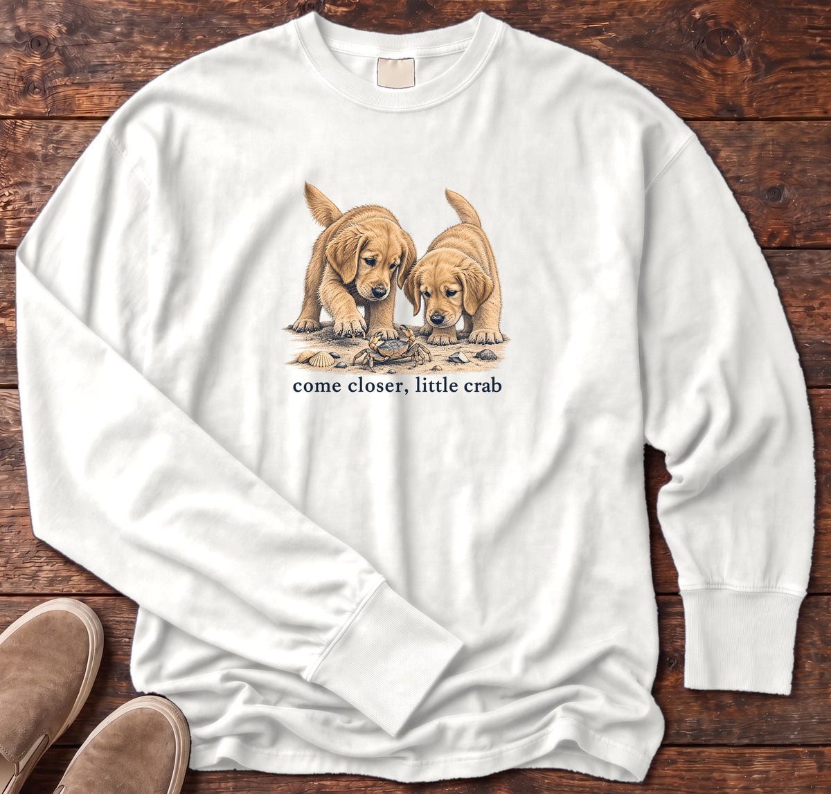 Come Closer Little Crab Golden Puppies Long Sleeve Tee in White, Salty Paws Comfort Colors Long Sleeve Tee, front design flat lay