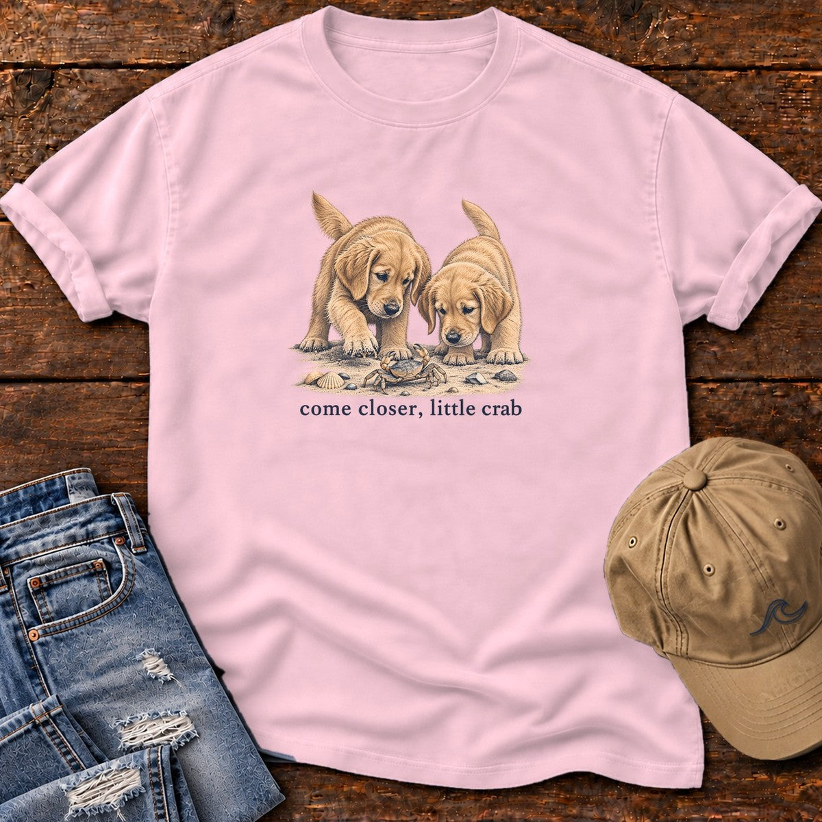 Come Closer Little Crab Golden Puppies T-Shirt in Blossom, Salty Paws Comfort Colors T-Shirt, front design flat lay