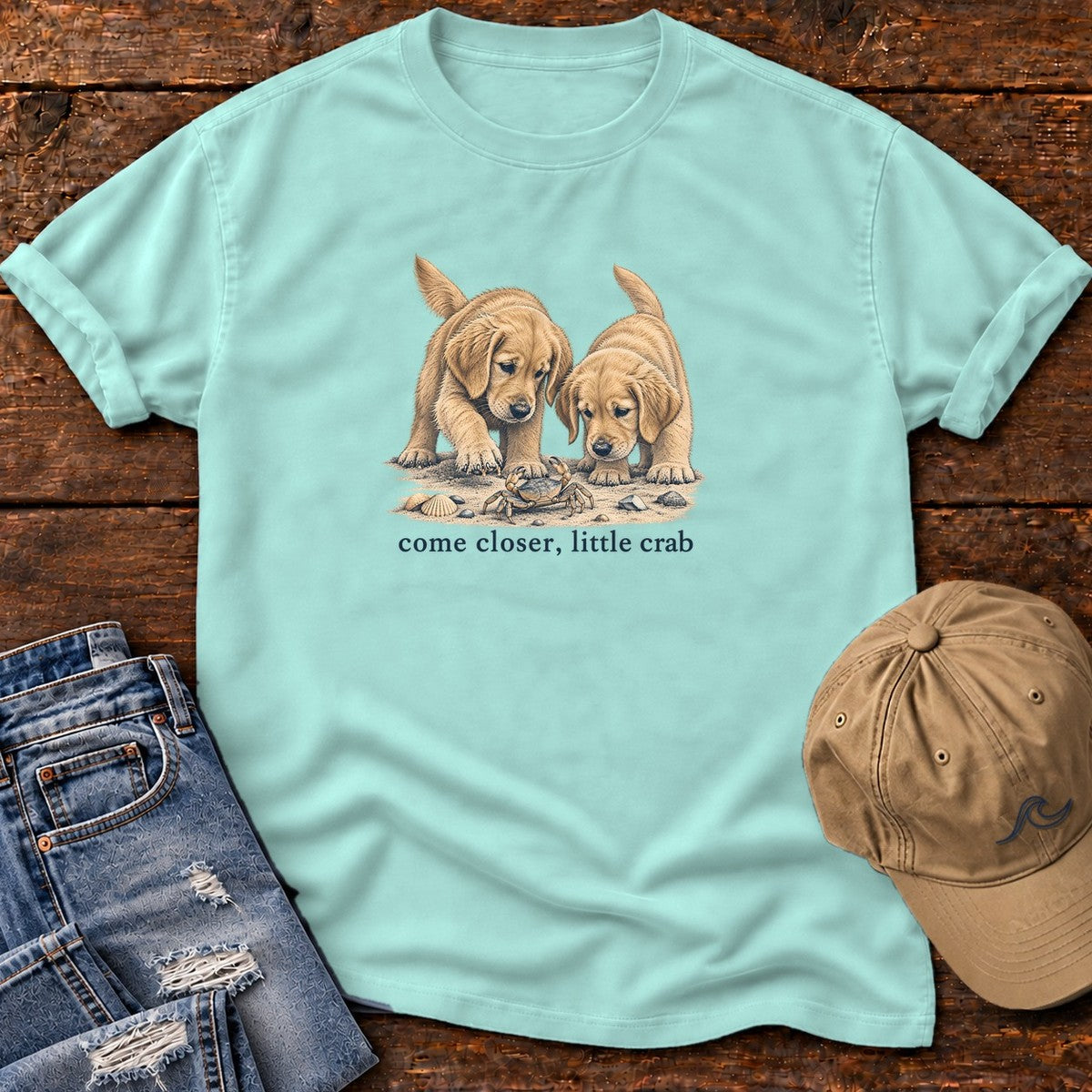 Come Closer Little Crab Golden Puppies T-Shirt in Chalky Mint, Salty Paws Comfort Colors T-Shirt, front design flat lay