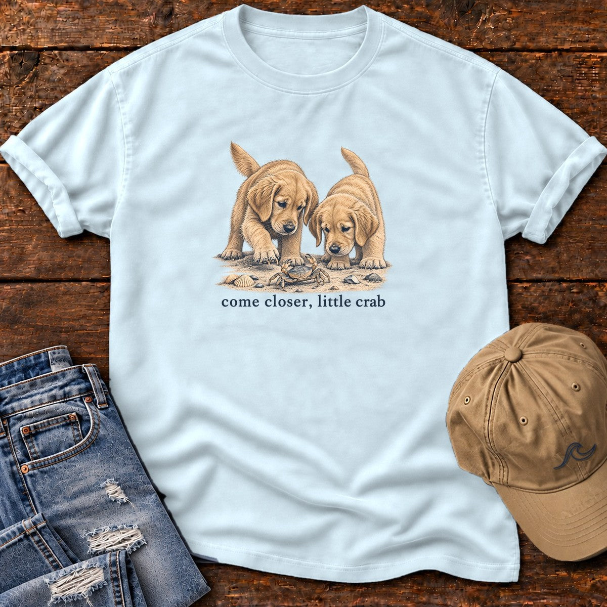 Come Closer Little Crab Golden Puppies T-Shirt in Chambray, Salty Paws Comfort Colors T-Shirt, front design flat lay