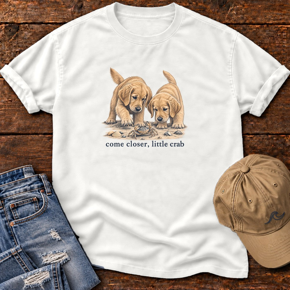Come Closer Little Crab Golden Puppies T-Shirt in White, Salty Paws Comfort Colors T-Shirt, front design flat lay