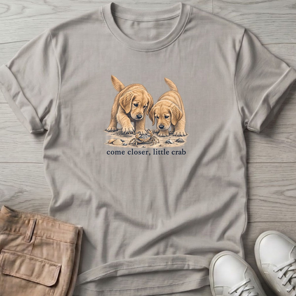 Come Closer Little Crab Golden Puppies T-Shirt in Ice Grey, Salty Paws T-Shirt, front design flat lay