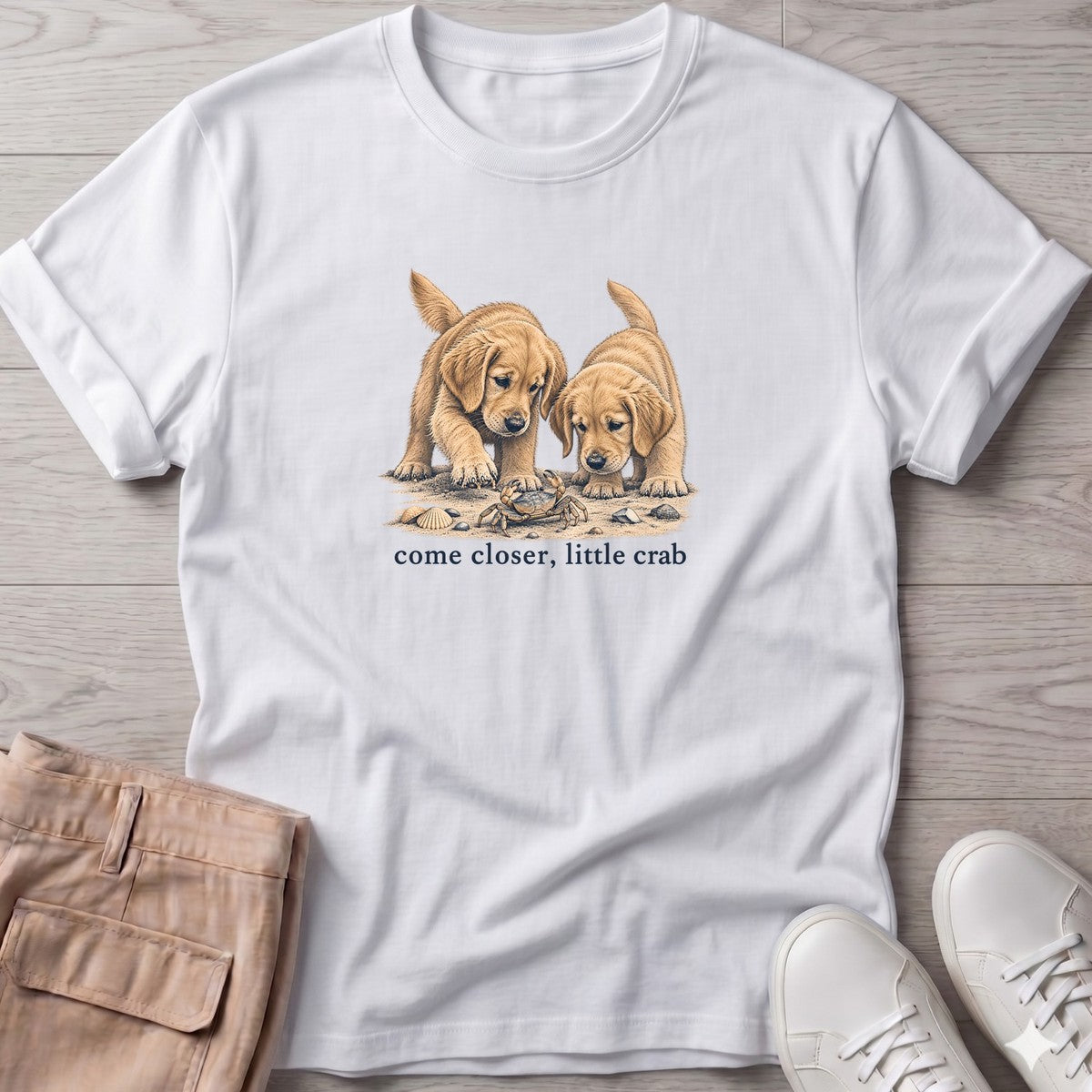 Come Closer Little Crab Golden Puppies T-Shirt in White, Salty Paws T-Shirt, front design flat lay