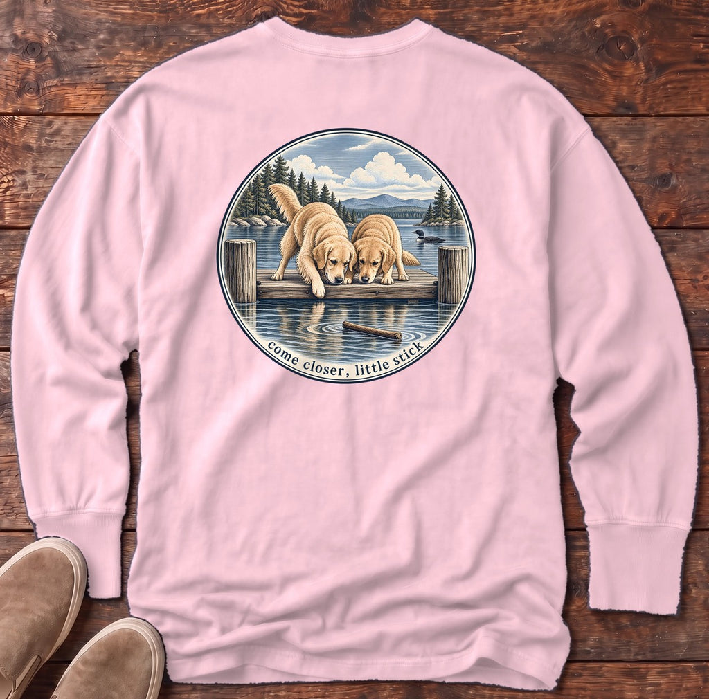 Come Closer Little Stick Golden Retrievers Back Design Long Sleeve Tee in Blossom, Salty Paws Comfort Colors Long Sleeve Tee, back design flat lay