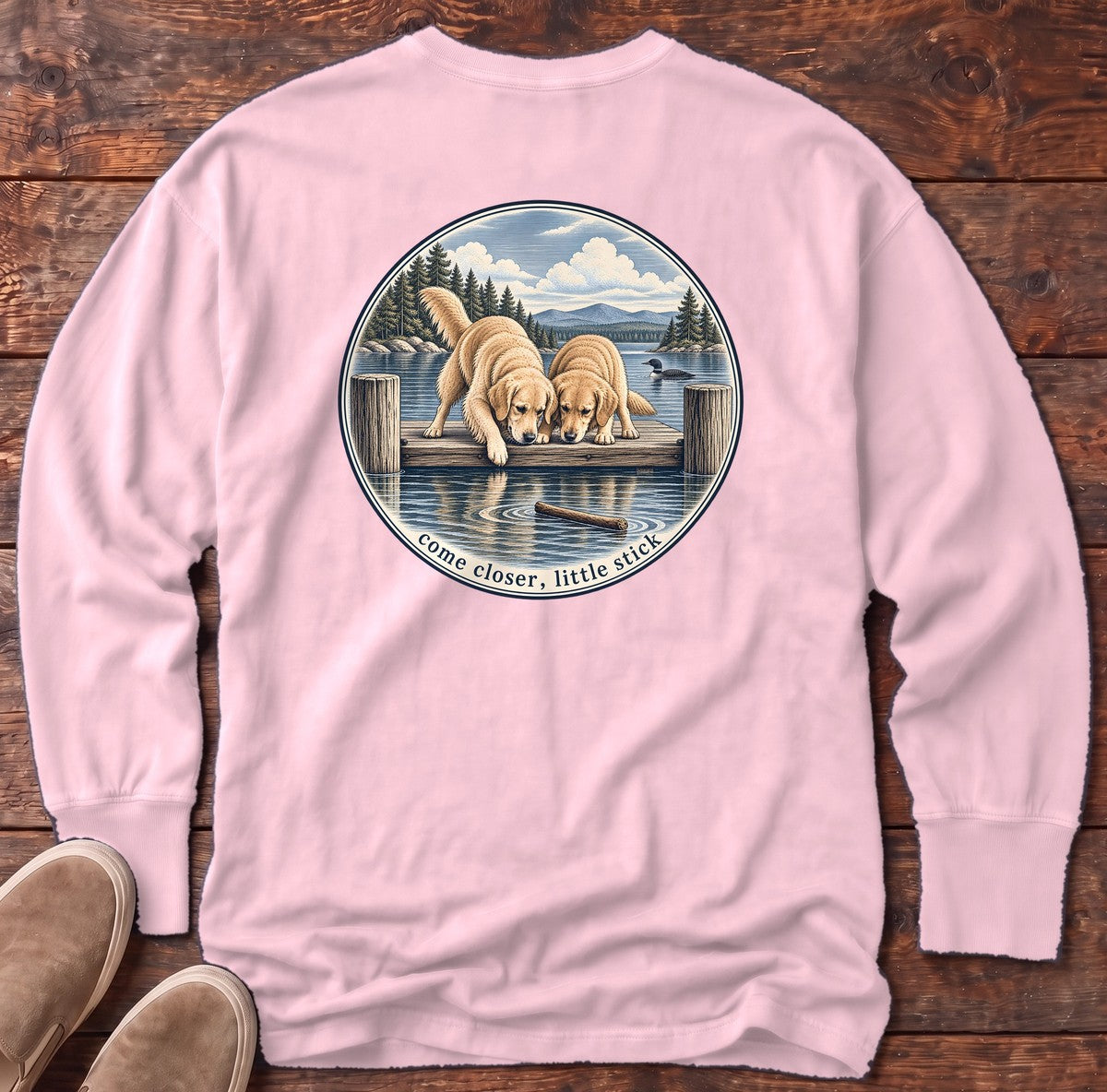 Come Closer Little Stick Golden Retrievers Back Design Long Sleeve Tee in Blossom, Salty Paws Comfort Colors Long Sleeve Tee, back design flat lay