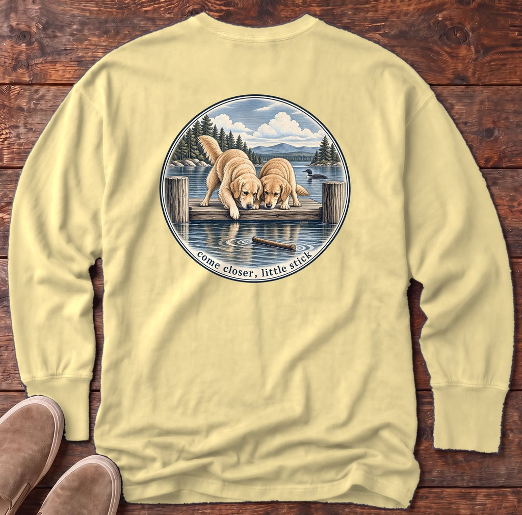 Come Closer Little Stick Golden Retrievers Back Design Long Sleeve Tee in Butter, Salty Paws Comfort Colors Long Sleeve Tee, back design flat lay
