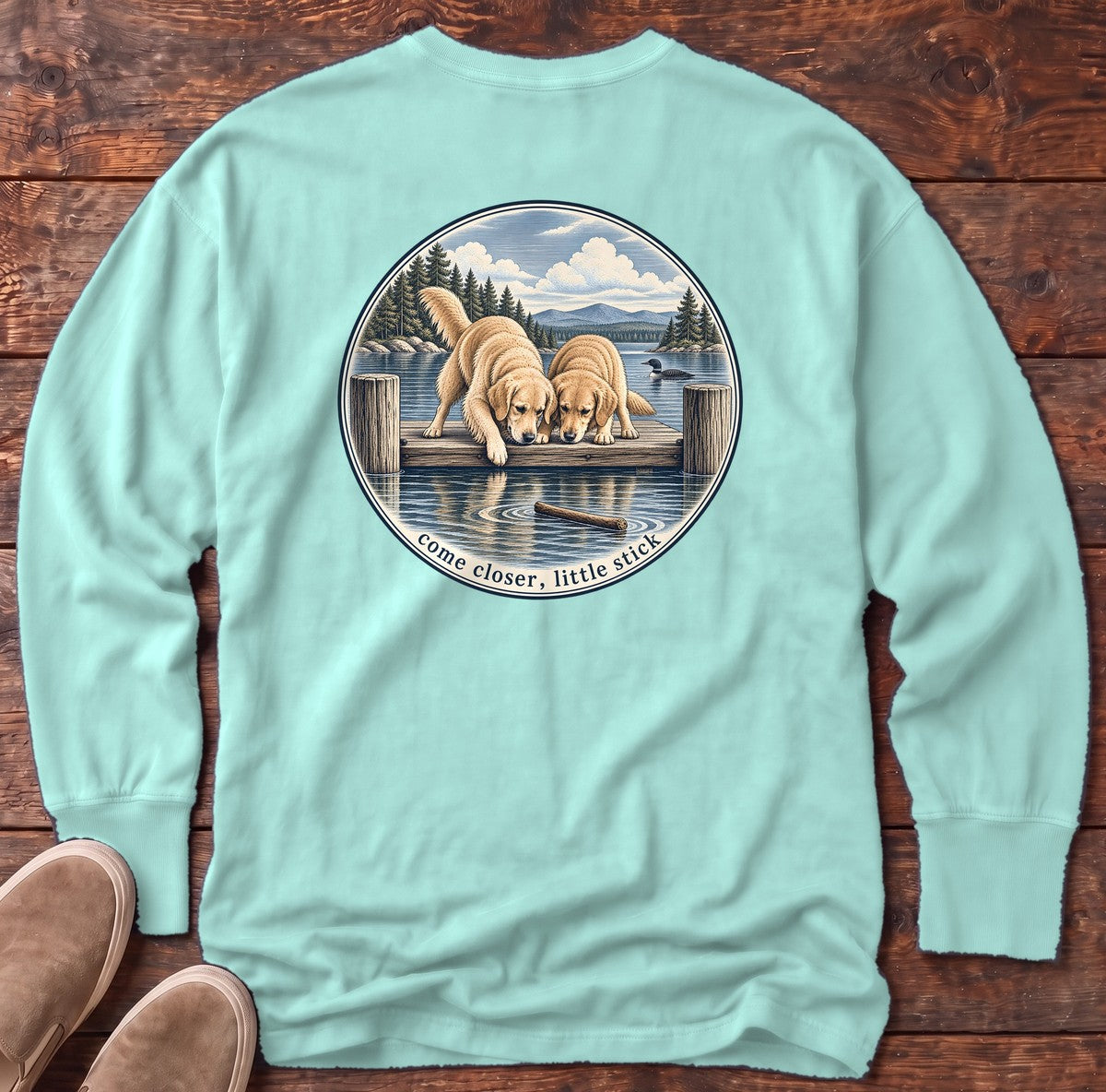 Come Closer Little Stick Golden Retrievers Back Design Long Sleeve Tee in Chalky Mint, Salty Paws Comfort Colors Long Sleeve Tee, back design flat lay
