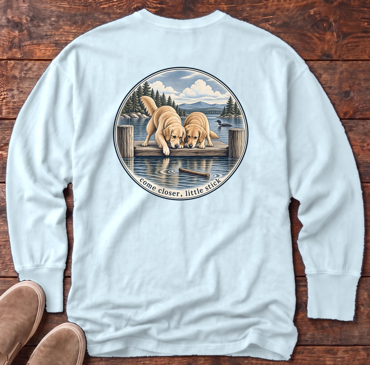 Come Closer Little Stick Golden Retrievers Back Design Long Sleeve Tee in Chambray, Salty Paws Comfort Colors Long Sleeve Tee, back design flat lay