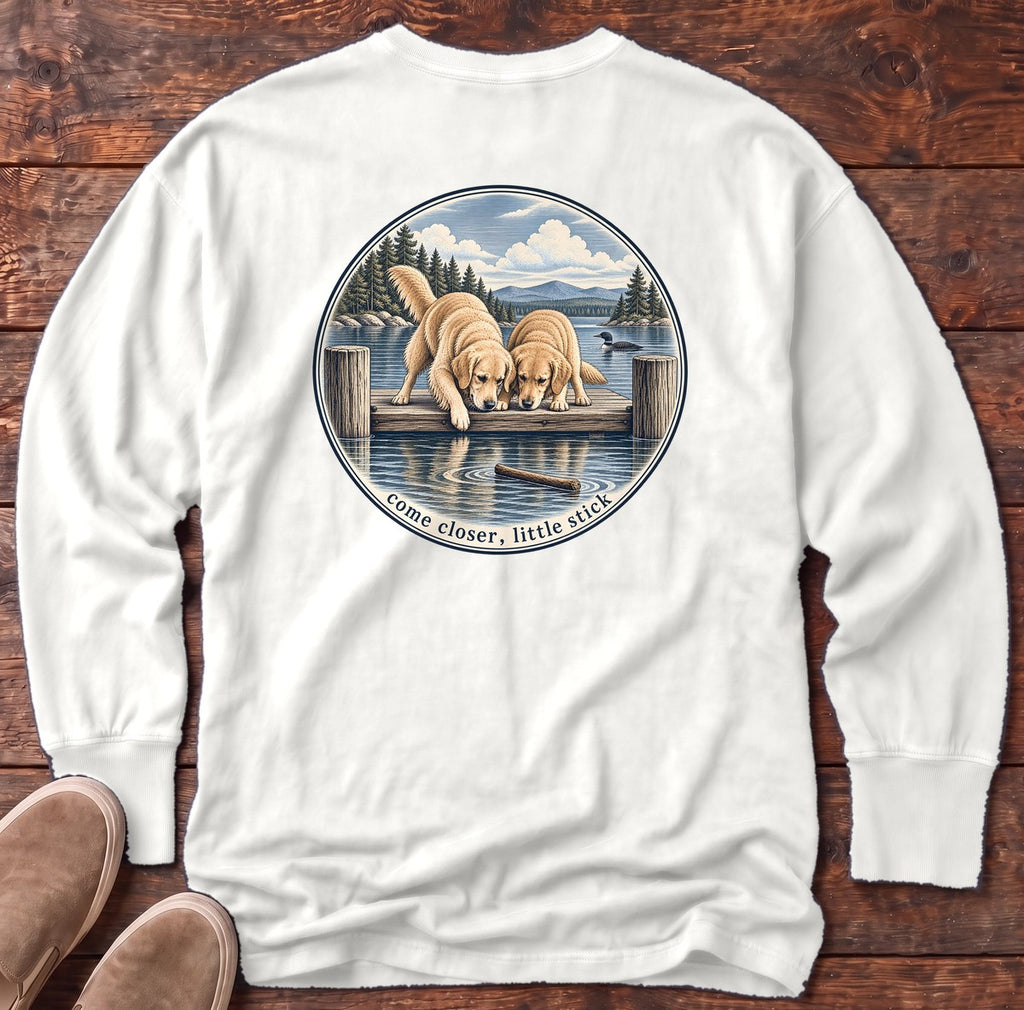 Come Closer Little Stick Golden Retrievers Back Design Long Sleeve Tee in White, Salty Paws Comfort Colors Long Sleeve Tee, back design flat lay