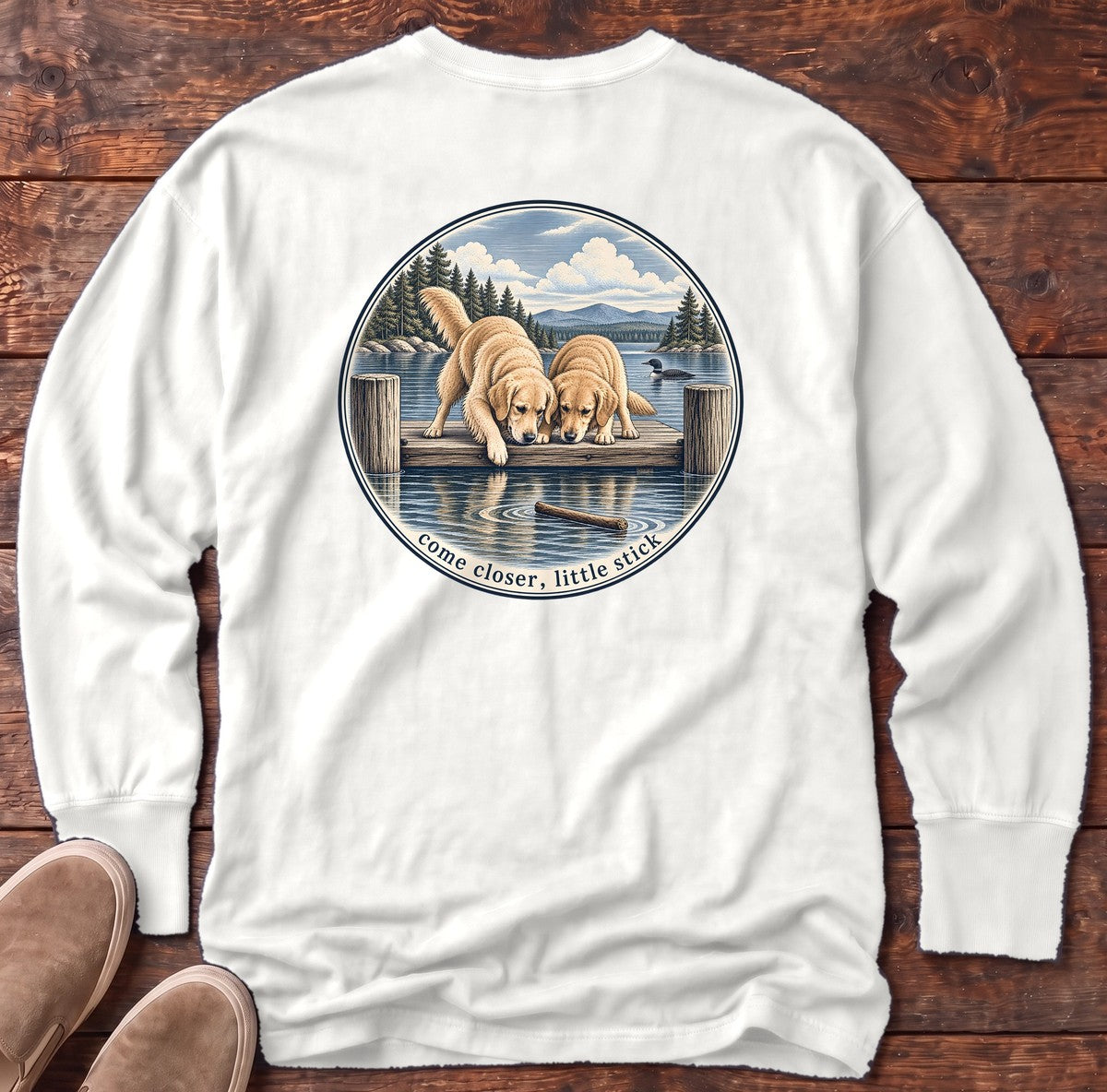 Come Closer Little Stick Golden Retrievers Back Design Long Sleeve Tee in White, Salty Paws Comfort Colors Long Sleeve Tee, back design flat lay