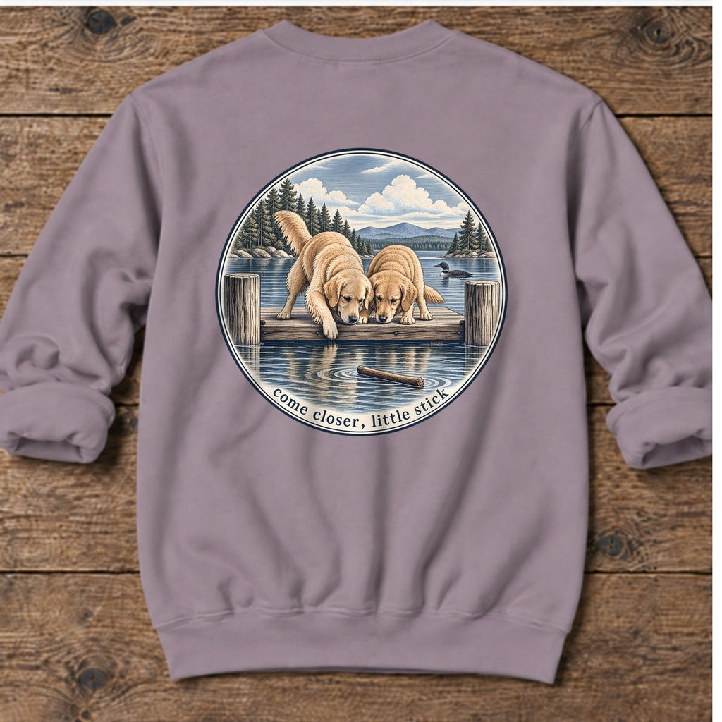 Come Closer Little Stick Golden Retrievers Back Design Midweight Sweatshirt in Paragon, Salty Paws Midweight Sweatshirt, back design flat lay