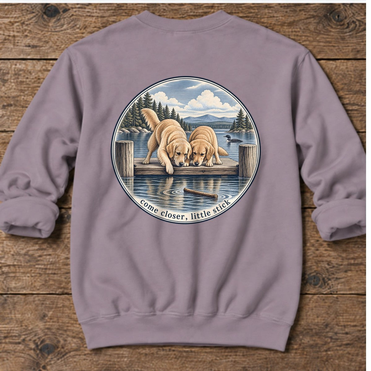 Come Closer Little Stick Golden Retrievers Back Design Midweight Sweatshirt in Paragon, Salty Paws Midweight Sweatshirt, back design flat lay