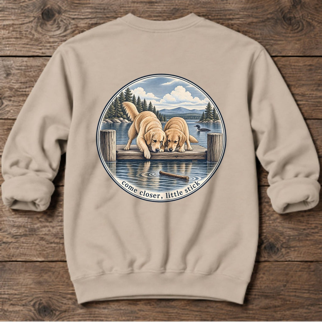 Come Closer Little Stick Golden Retrievers Back Design Midweight Sweatshirt in Sand, Salty Paws Midweight Sweatshirt, back design flat lay