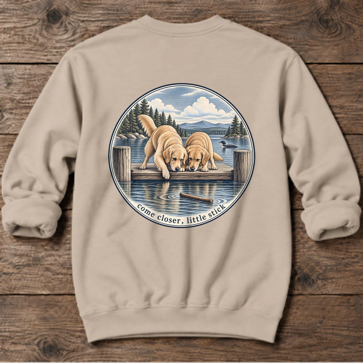 Come Closer Little Stick Golden Retrievers Back Design Midweight Sweatshirt in Sand, Salty Paws Midweight Sweatshirt, back design flat lay