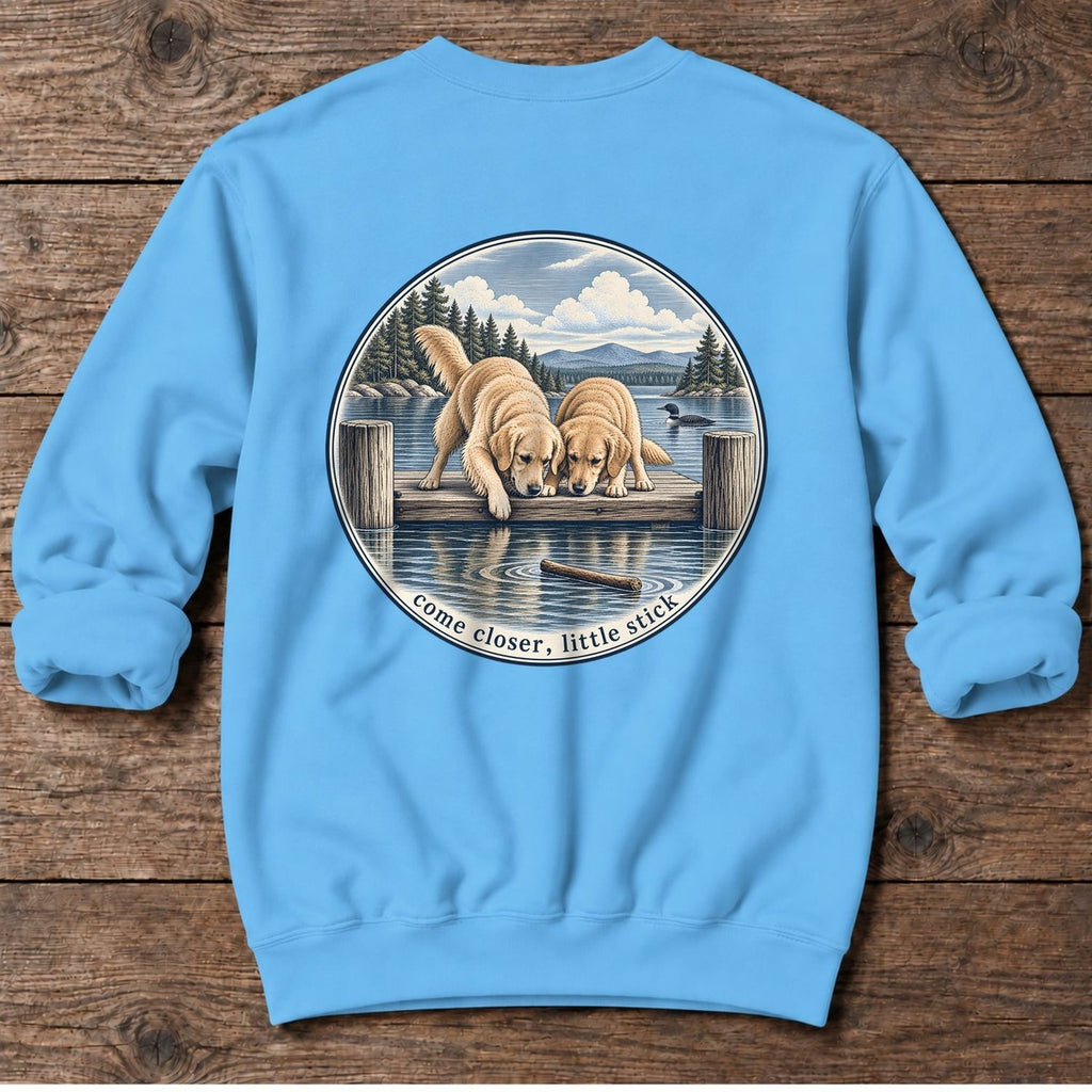 Come Closer Little Stick Golden Retrievers Back Design Midweight Sweatshirt in Sky, Salty Paws Midweight Sweatshirt, back design flat lay