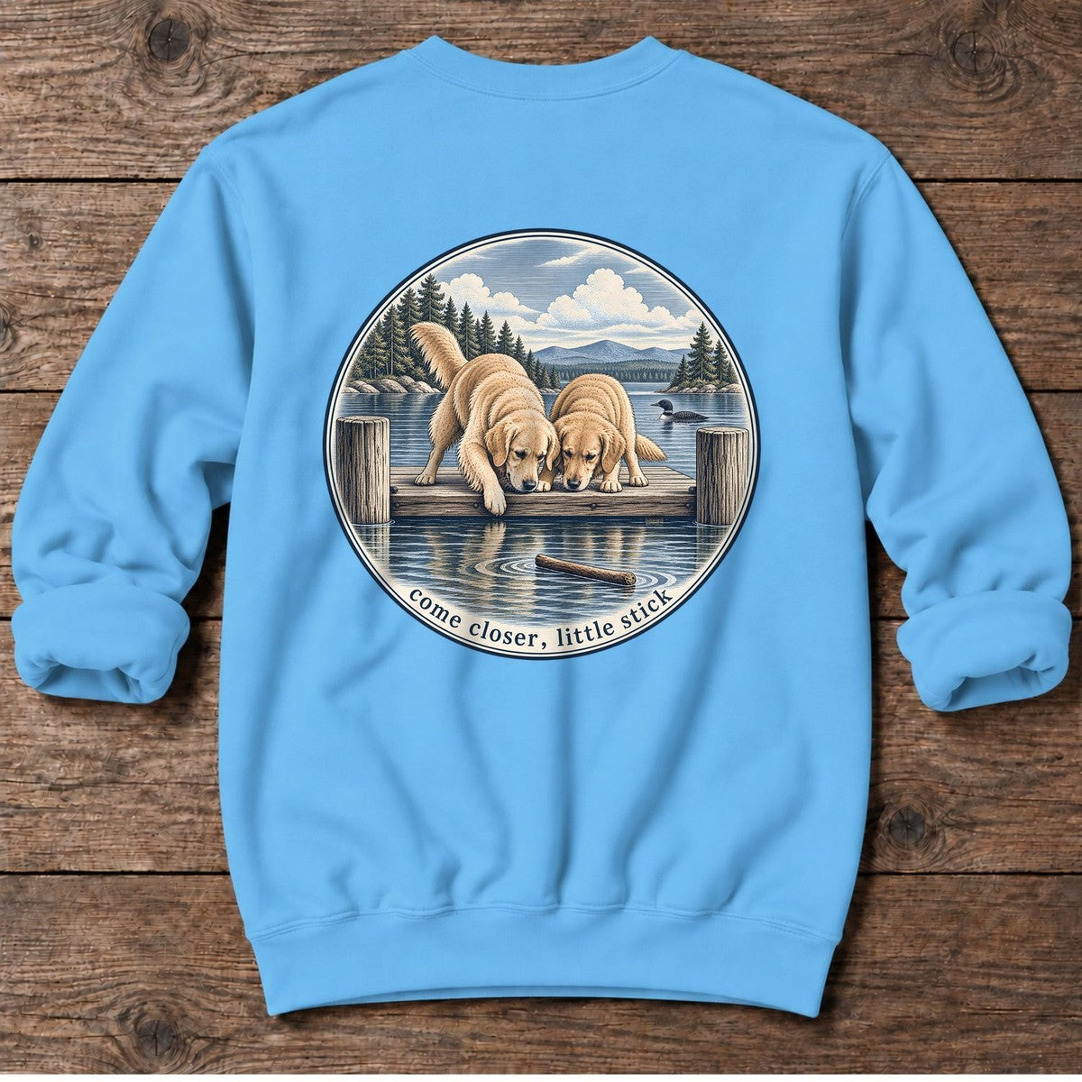 Come Closer Little Stick Golden Retrievers Back Design Midweight Sweatshirt in Sky, Salty Paws Midweight Sweatshirt, back design flat lay